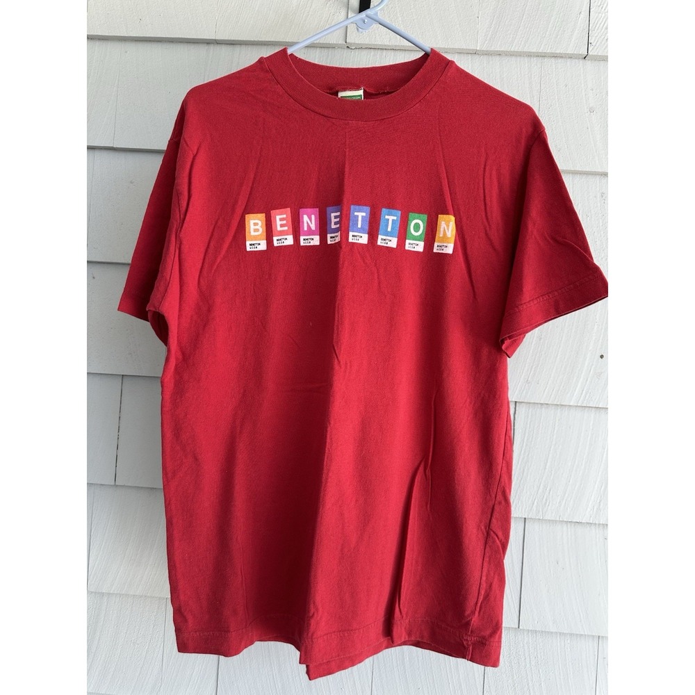 Vintage 90s Benetton Red‎ T-Shirt Color Block Logo Graphic Tee Size M